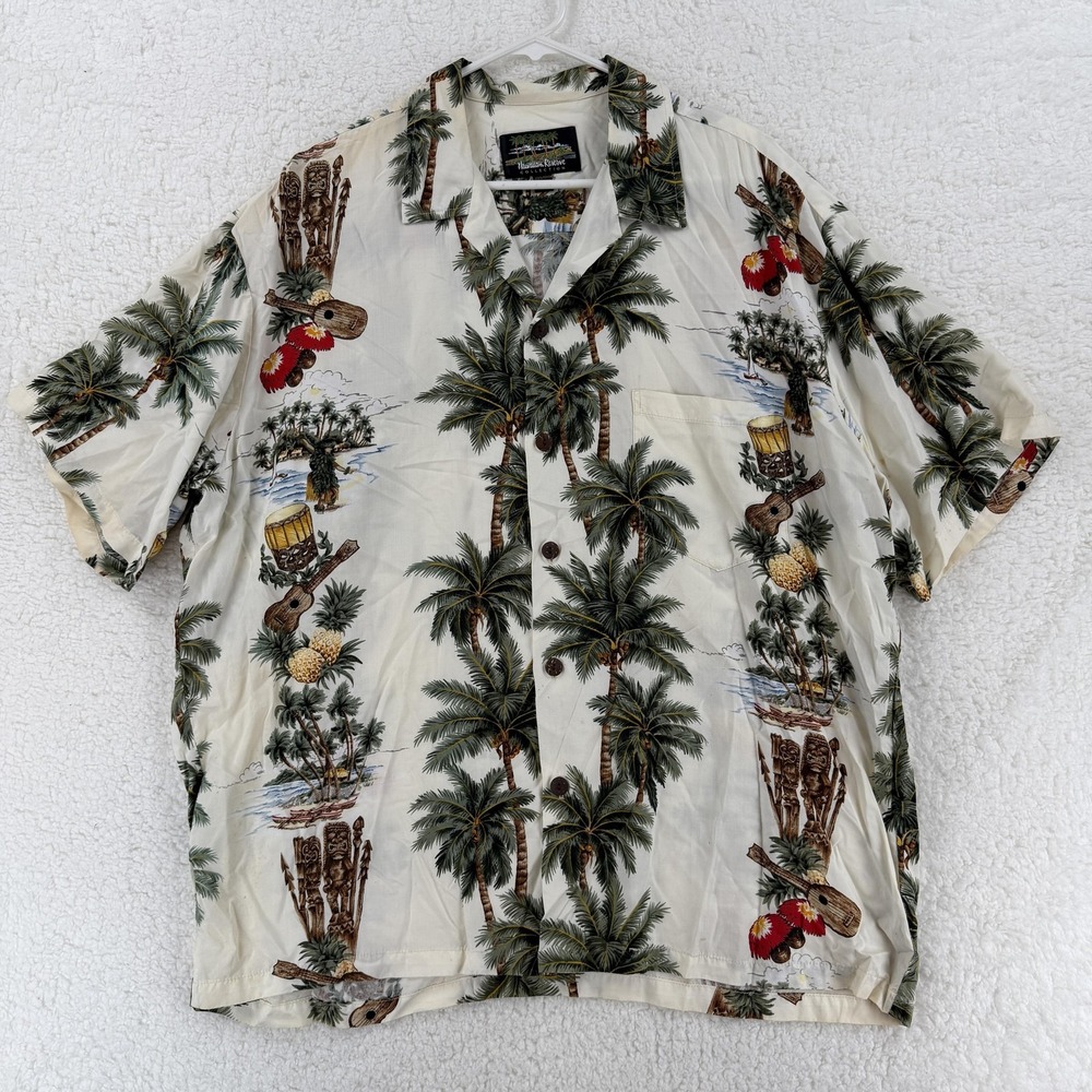Hawaiian Reserve Collection‎ Shirt Mens XL Cream Rayon Hawaiian Aloha Tiki